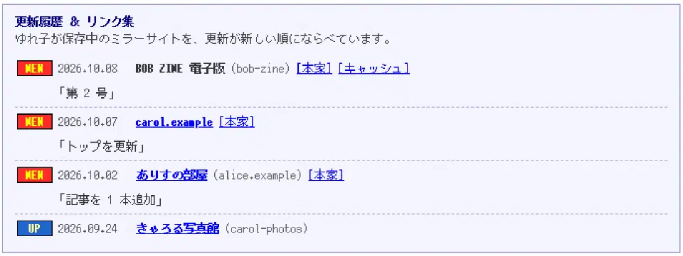 デスクトップ画面のリンク集で、更新待ちの BOB ZINE 電子版のタイトルがリンクにならず、横に [本家] と [キャッシュ] が並んでいる様子